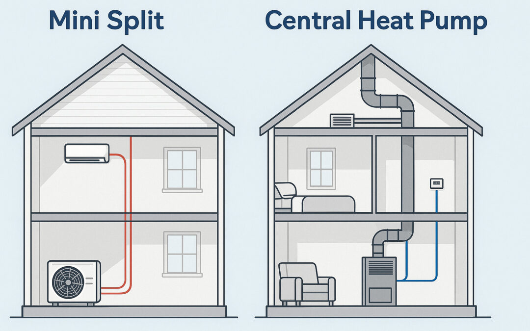 Split-view image showing a home with a ductless mini split system on one side and a central heat pump system on the other, used to compare HVAC options in BC