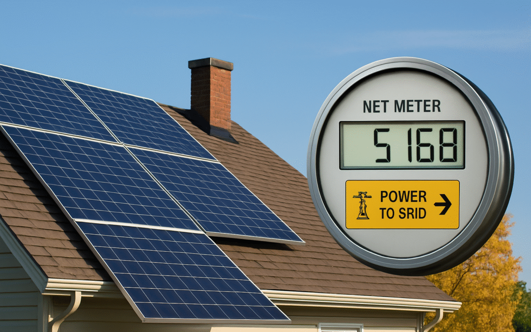 Solar panels on a suburban rooftop in BC with a digital net meter showing energy being sent back to the grid