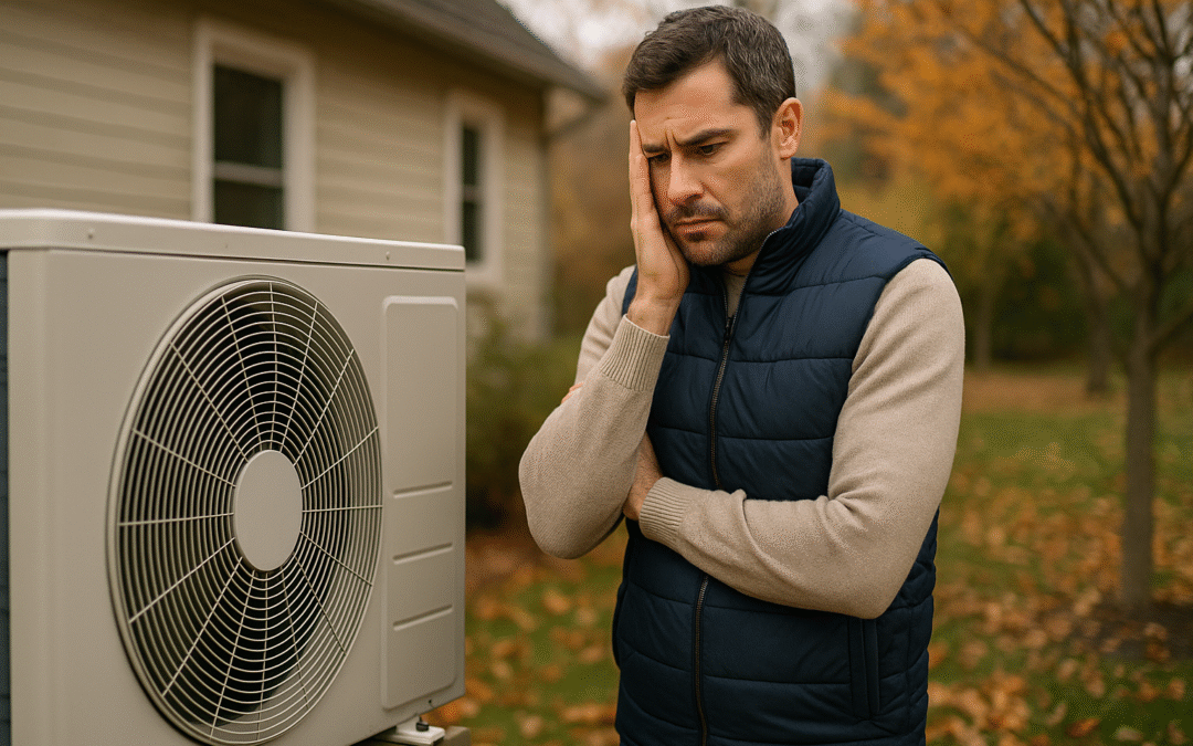 Concerned man inspecting a non-working outdoor heat pump unit during autumn in Victoria, BC