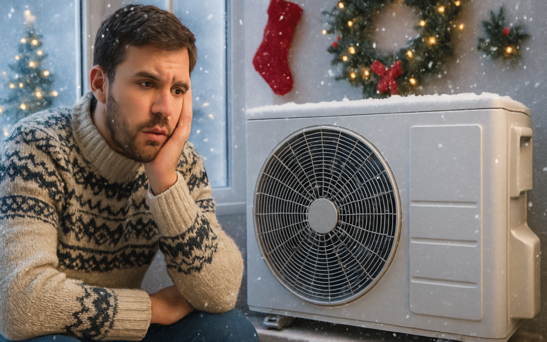 Frustrated man sitting next to a snow-covered heat pump indoors during winter, with Christmas decorations and frosty windows in the background