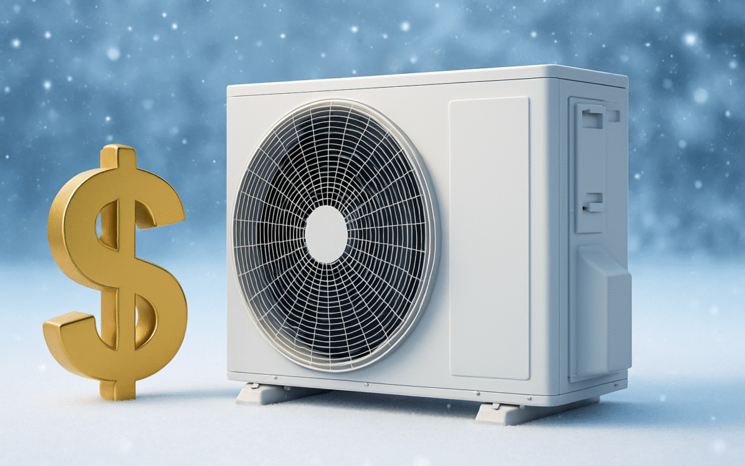 Outdoor heat pump unit and gold dollar sign on snowy ground with soft winter snowfall in the background