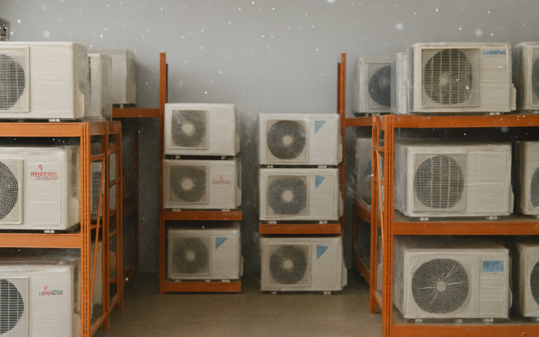 Warehouse with stacked outdoor HVAC heat pump units on orange shelves, wrapped and ready for installation in winter conditions