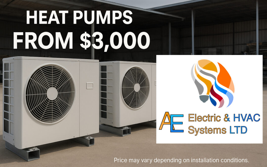 Wide promotional banner showing multiple outdoor heat pump units with the text “Heat Pumps from $3,000” by AE Electric & HVAC Systems, Victoria BC